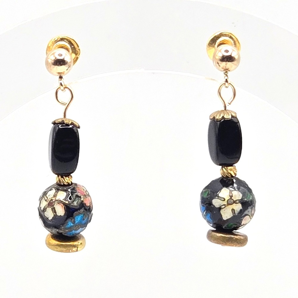 Gold Tone Handmade Black Floral Cloisonne and‎ Onyx Bead Dangle Earrings Vintage